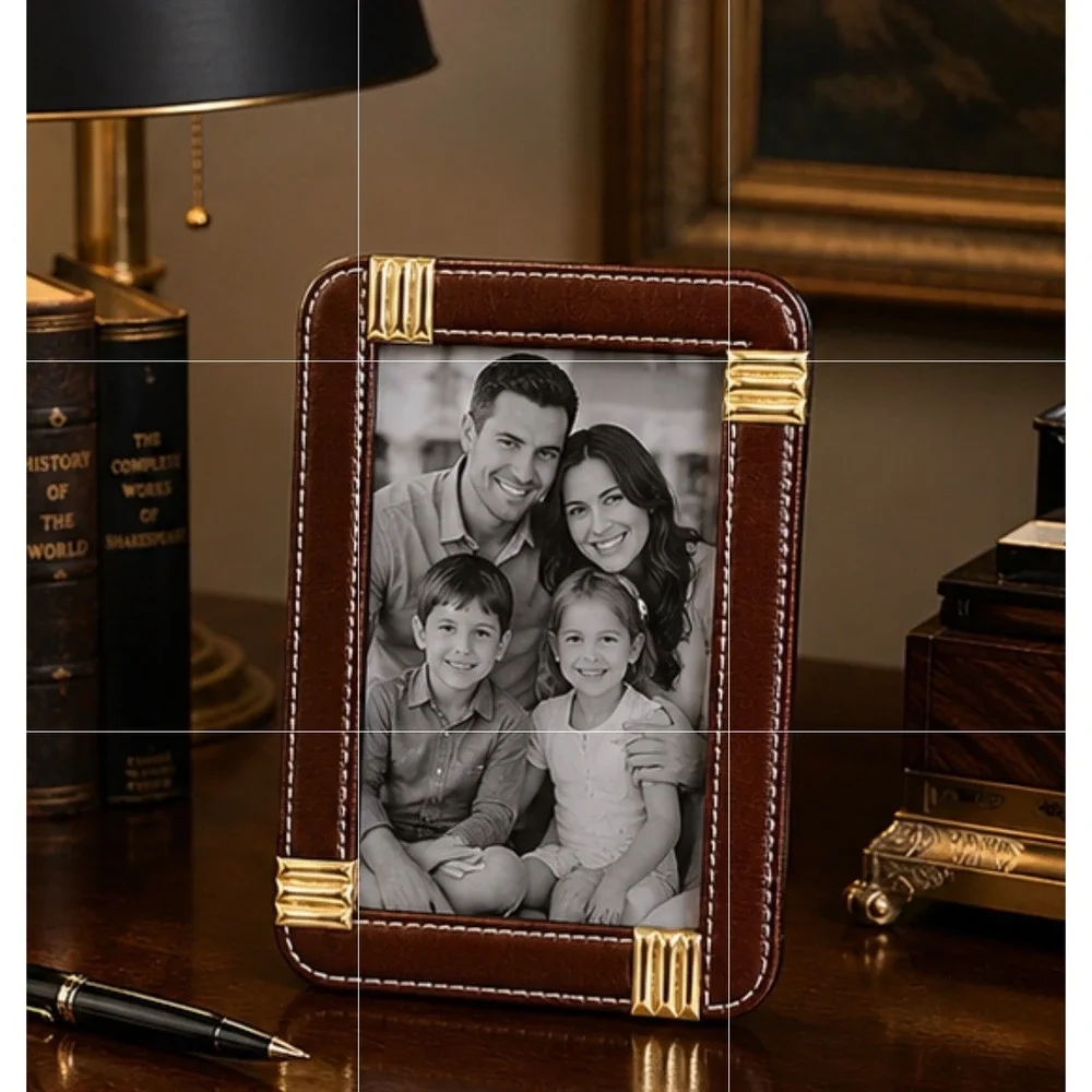 Vintage ELYSEES Brown Leather 4x6 Picture Frame Gold Tone Desk Hallmark NOS